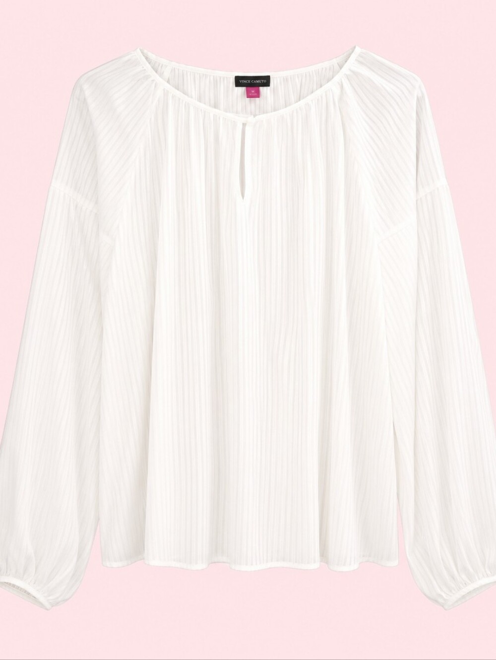 Vince‎ Camuto Blouse White Satin Stripe Keyhole Balloon Sleeve Long Sleeve Top L